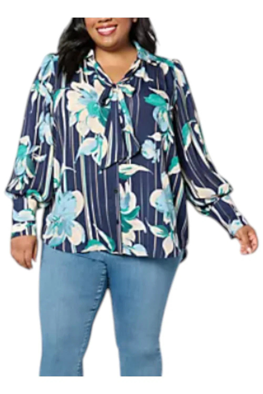 Dennis Basso Women's Printed Woven Blouse w/ Balloon Sleeve Navy/Jade - Regular